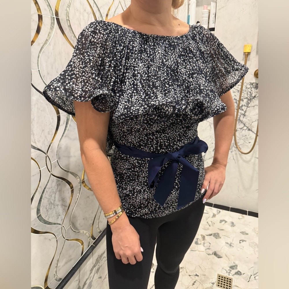 Badgley Mischka Navy Blue and White Ruffled Sequins Tie Front Blouse